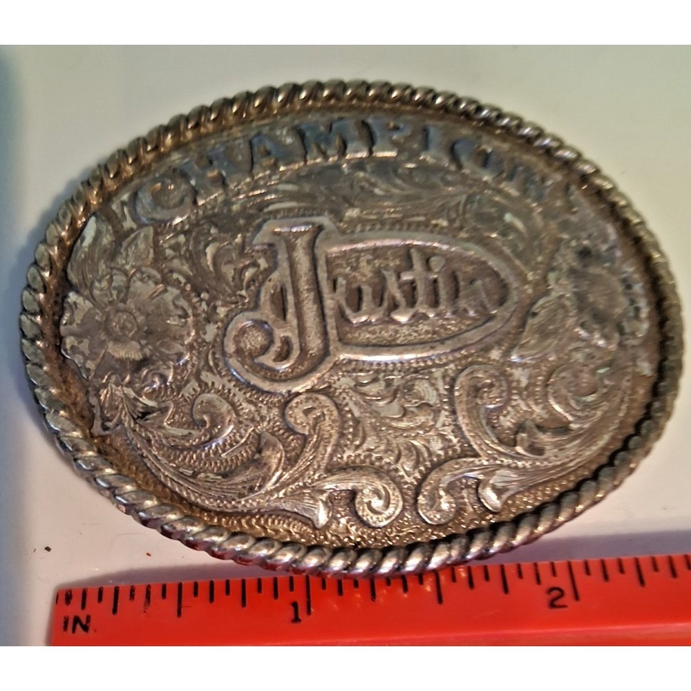 Vintage Justin Champion Youth Belt Buckle Western Rodeo Award Silver Tone